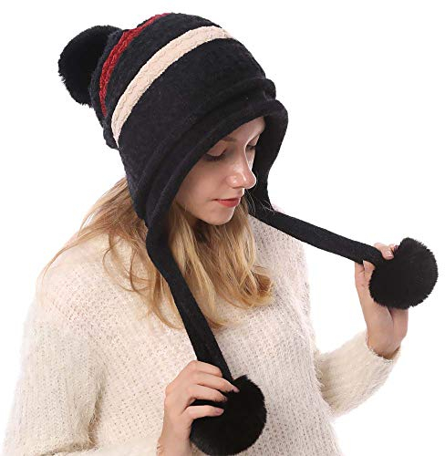 Kangqifen Damen Winter Gestreifte Fleece Gefüttert Warme Strickmütze Bommelmütz Gestrickte Mütze mit Ohrenklappen 3 Pompon (Schwarz)