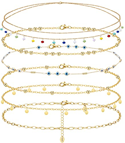 JeryWe 6Pcs Bauchkette Taillenkette für Frauen Mädchen 18K Vergoldet Böses Auge Perlen Pailletten Sommer Bikini Strand Gold Kette Sexy Quaste Hüftkette Boho Einstellbar Körperschmuck(Stil1)