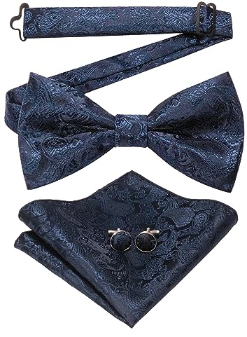 JEMYGINS Blau Paisley Fliege und Einstecktuch mit Manschettenknöpfe Sets für Herren,Navy blau