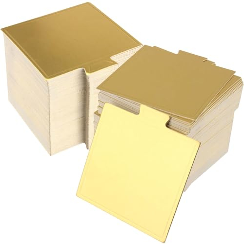 MUKLEI 500 Pack Mini Cake Board - Grease-Proof Square Golden Cardboard Base for Mousse, Cupcakes, Bread, Sweets, Desserts - Disposable Display