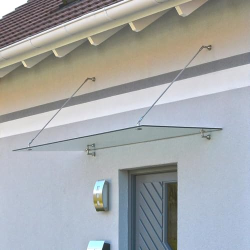 Glas Vordach Rio Überdachung für Haustür 2 Größen abgehängtes Pultdach für Eingangstür Fenster mit 12 mm VSG Glas und V2A Edelstahl (200 x 90 cm)