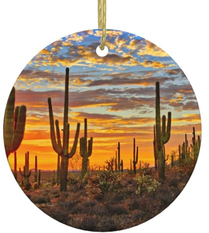 Cactus au coucher du soleil dans le désert Arbre de Noël en céramique à suspendre Boule ronde en céramique Décoration de la maison