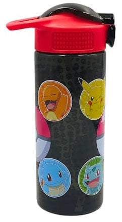HOX Collection Pokémon Bouteille d'eau réutilisable en plastique sans BPA avec boucle de transport Paille amovible et anti-déversement 600 ml