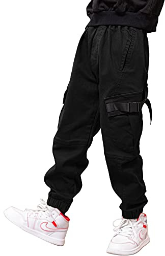 Pantalon Cargo pour Garçon,Style décontracté, Taille élastique, Enfant Jogging Uniforme Scolaire Pantalon de Sport(Noir,6-7)