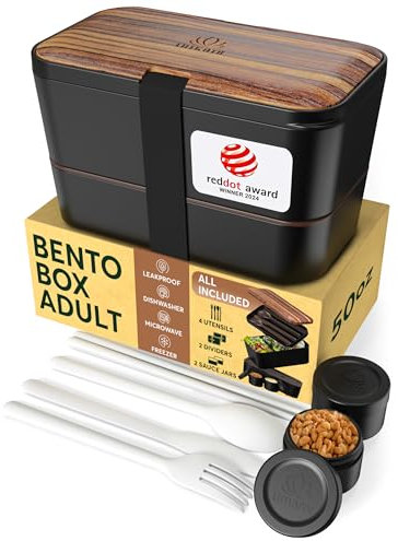 Umami Premium Lunchbox Erwachsene, Verschachtelbar Auslaufsichere Bento Box mit 4 Bestecke & Fächern, Brotdose Erwachsene Salatbehälter To-Go Lunch Box für Picknick, Büro, Schwarzes Wenge, 1500 ml