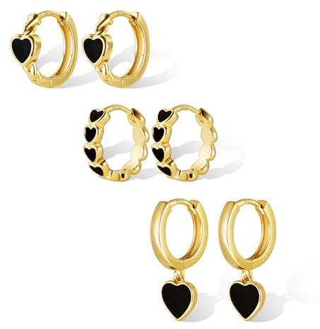 ALEXCRAFT Schwarz Herz Creolen Gold Ohrringe Set Klein Damen 14K Vergoldete Ohrringe Geschenk für Frauen Freundin Mama Mädchen