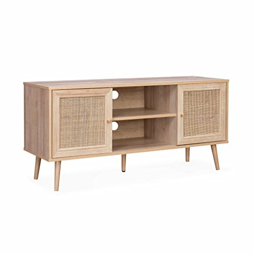 Alice's Home TV-Möbel mit Rattangeflecht 120 x 39 x 56,5cm - Bohème - 2 Ebenen, 2 Einlegeböden, 2 Türen, skandinavische Beine