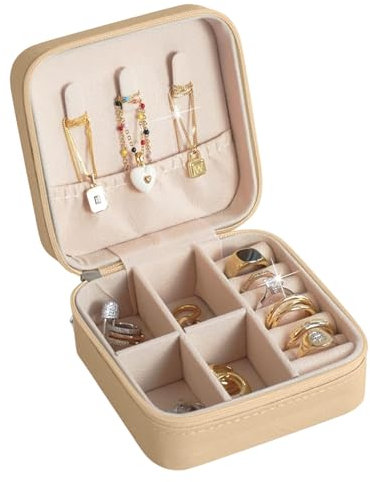 Schmuckkästchen Reise - Schmuckaufbewahrung klein tragbar für Frauen & Mädchen - Schmuckkasten Schmuckbox - Reiseetui für Ringe, Ohringe, Armbänder und Halsketten (Beige)