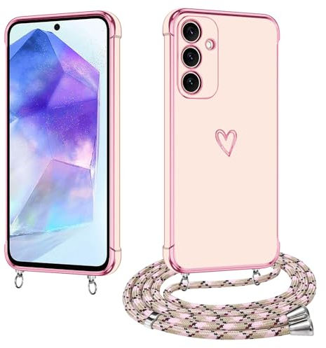E-Lush Cover per Samsung A55 5G con Cordino, Ultra Sottile Cuore Amore Elettrolitico Cover per Samsung Galaxy A55, Morbido TPU Silicone Custodia con Regolabile Collana Antiurto Case, Oro Rosa