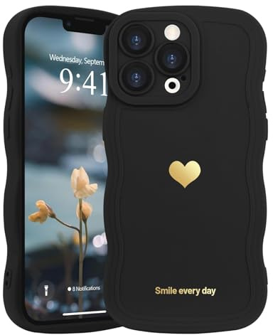 LAPOPNUT Wavy Cute Silicone Phone Case for iPhone 13 Pro Max, Black | Girly Heart Wave Bumper,Aesthetic Cover for Women Girls,Curly Shockproof Raised Camera Protection,Soft Pretty Lovely