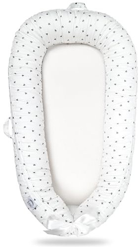 EAQ Baby Lounger Baby Nest for Co Sleeping Baby Bassinet Soft Breathable Perfect for Newborn Gift 100% Cotton Napping or Traveling for 0-12 Months (White-Grey)