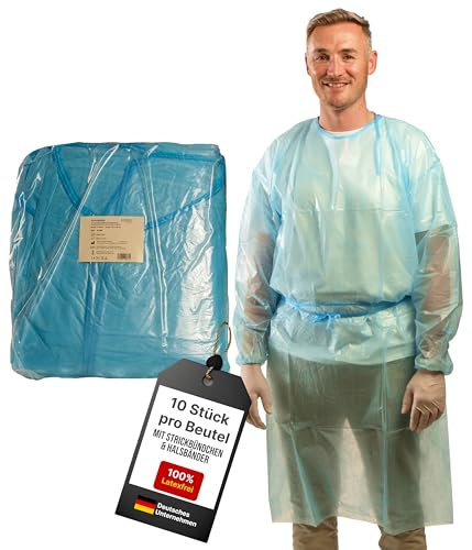 ADEBO Medical® | 10 St. | Blau | Einweg PP+PE Schutzkittel | Optimaler Schutz Einmal Kittel mit Strickbündchen & Klettverschluss – Premium OP Kittel