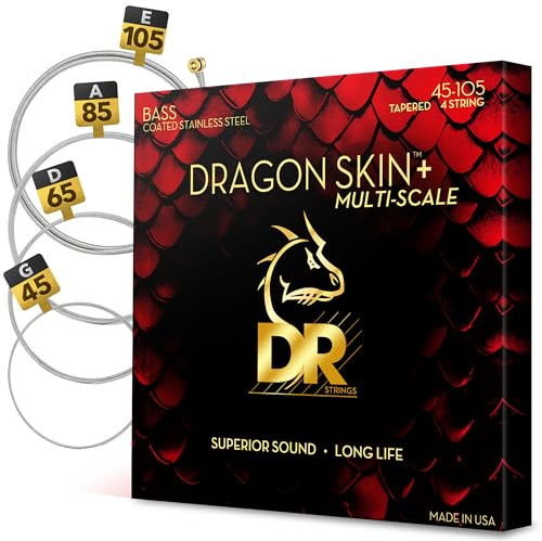 DR Strings Dragon Skin+ DBQM-45 – E-Bass Medium 45-105 Multi-Scale | K3 Beschichtung, Lange Haltbarkeit, Natuerlicher Klang, Korrosionsschutz, Made in USA