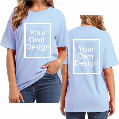 Blue Personalised T Shirts for Women Plus Size Summer Tops Custom Print T Shirt Front and Back Create Your Own Shirt Personalised Text and Image Casual Shirts