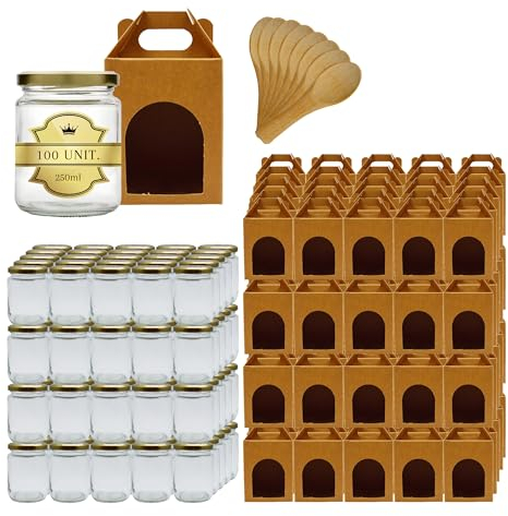 Espirito Rebelde Lot de 100 pots en verre vides avec couvercle de 250 ml avec 100 bôites en carton pour 1 pot de confiture et Cuillère - Pour confitures, conserves, miel- Cadeaux Mariage