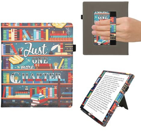 kwmobile Flip Cover kompatibel mit Pocketbook InkPad Eo/Bigme InkNote Color+ - Hülle mit Handschlaufe Bibliothek Motto Mehrfarbig