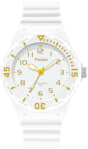 Facasu Orologio Analogico Bambini Ragazzi Ragazze,Orologio al quarzo impermeabile Fino a 50M,Cinturino Morbido Orologio Facile Leggere Imparare l'ora Bambini dai 4 ai 12 anni (Bianco)