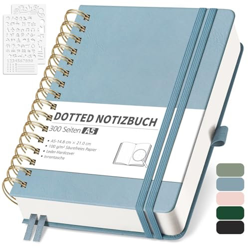 RETTACY Notizbuch A5 Dotted, Bullet Dot Journal mit 100 g/m² Dickem Papier, 150 Blatt, Notebook für Büro und Schule, Lederhülle, Grau-Blau, 14.8 cm x 21 cm