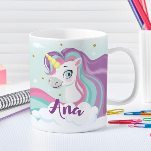 Transparent Gift Taza Personalizada con Nombre Infantil Unicornio. Regalos Originales para Niños y Niñas. Tazas Infantiles de Plástico. Regalos de Vuelta al Cole, Cumpleaños. Tazas Desayuno y Merienda