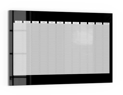 DEQORI Glas-Magnettafel | 90x60 cm cm groß | Motiv Jahresplaner Schwarz (DE) | Memo-Board aus Glas | Magnetboard inkl. Magnete, Stift & Tuch für Küche & Büro | Tafel magnetisch & beschreibbar