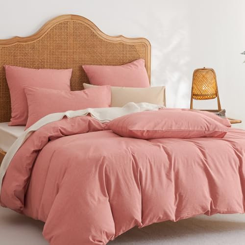 Lanqinglv Bettwäsche 155x220 Baumwolle Renforce Altrosa,Leinenoptik Baumwollbettwäsche mit Reißverschluss,ÖKO-TEX Bettwäsche für Allergiker Geeignet,1 Bettbezug & 1 Kissenbezug 80x80 cm