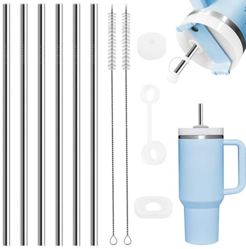 Reusable Metal Straws, 6 Pack Stainless Steel Straws Drinking with 2 Cleaning Brushes and 1 Set of Silicone Anti-Leak Plugs, Compatible with 30oz/40oz Cup(31cm Long Diameter 1cm)