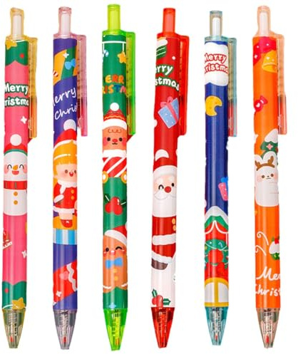6 Pièces Stylo à Encre Gel pour Noël, 0.5 mm, Stylos à Bille Rétractable Cartoon, Stylo Noir, Cadeau de Noël parfait pour les collègues, amis