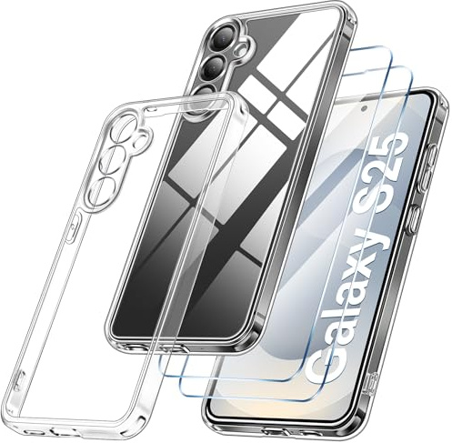Qasyfanc Klar Handyhülle für Samsung Galaxy S25 Hülle, Durchsichtig | Inklusive 2 Stück Schutzfolie, Militärschutz Kratzfest Hard PC Transparent Case Schutzhülle für Samsung Galaxy S25