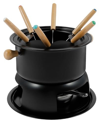 Fondue Set, Black Carbon Steel Fondue Pot for Cheese, Chocolate & Meat, Includes 6 Forks & Adjustable Burner & Splash Protector, Suitable for All Hobs, Food Warmer