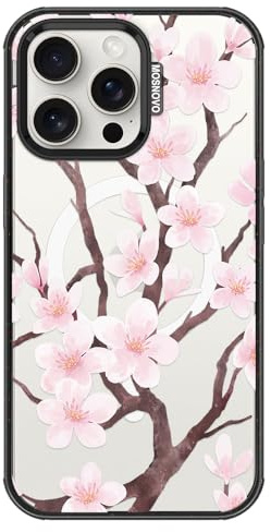 MOSNOVO for iPhone 15 Pro Max Case, Fit for MagSafe, Military-Grade Drop Protection, Shockproof Bumper, Cute Women Girl Magnetic Floral Phone Case for iPhone 15 Pro Max, Cherry Blossom/Black
