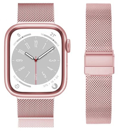 JINPXI Bracelet de rechange en acier inoxydable pour Apple Watch 38-40-41-42 mm Bracelet en maille milanaise avec double boucle de sécurité pour Apple Watch, rose, Universal, Milanais