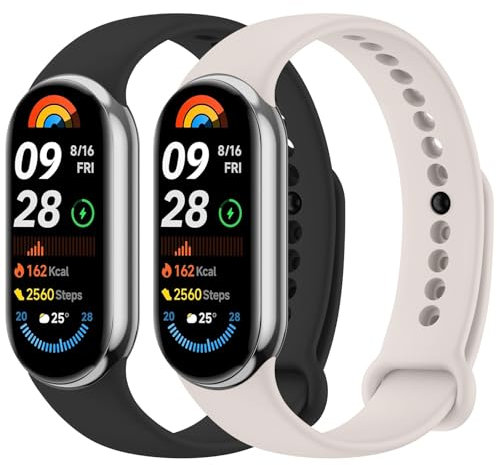 Wanme 2 Pièces Bracelet pour Xiaomi Mi Band 9 / Xiaomi Mi Band 8, Bracelet en silicone souple et confortable pour Xiaomi Mi Band 8, Noir/Lumière stellaire