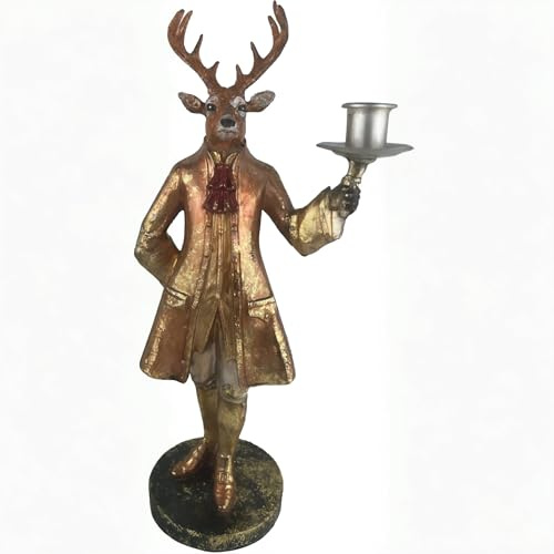 ecosoul Hirsch Hirschfigur Kerzenhalter Skulptur Statue Figur Jäger Landhaus zum Hinstellen Gold-rötlich auf rundem Sockel H/B/T: 34,5/16/10,5 cm