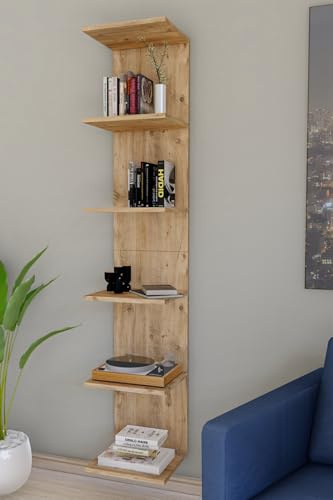Blue Cape Wandregal aus Holz, 6 Einlegeböden, Modernes Bücherregal, Schmales Design, Kiefernholz in Atlantik-Optik