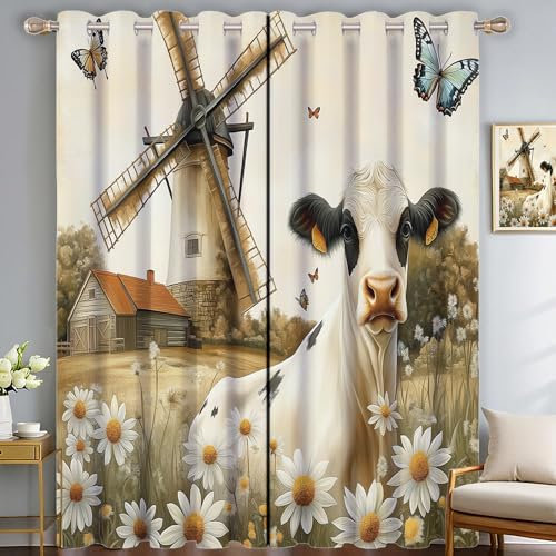 SMBHIAON Alte Windmühle Gardinen 2er Set - Blumen Bauernhaus Küchen Vorhänge H175 × B140 cm (2er Pack) Blickdichte Gardinen, Verdunklungsvorhänge Kinderzimmer Thermovorhang gegen