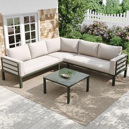 Jaxenor 4-5 Sitzplätze Gartenmöbel Set mit Ecksofa, Lounge Möbel Outdoor mit Verzinktem Eisengestell, Garten Möbel Set mit 1 Couchtisch aus Gehärtetem Glas, Inklusive Sitzpolster und Kissen, Beige