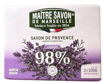 Maître Savon de Marseille - Jabón de Provenza Lavanda – Extra Suave – 2x100g – 99% Ingredientes Naturales – Manos & Cuerpo