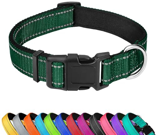 PWOD Reflektierendes Hundehalsband, verstellbar, weiches Neopren, gepolstert, Nylon, Haustierhalsbänder mit Schnalle für kleine Hunde, Dunkelgrün, S