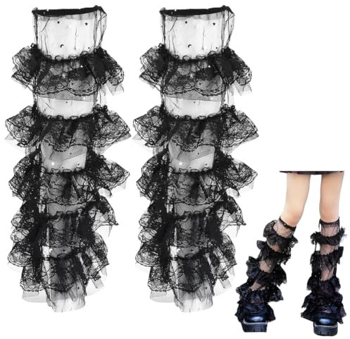 CABODYALS 1 Pair 488mm Black Lace Leg Warmers Ruffled Floral Edging Trim Cute Legs Cuff Sleeves Sheer Tulle Layered Kawaii Polyester Long Socks for Women Lolita JK Party Costume Cosplay Accessories