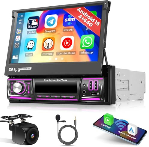 Roinvou 4+64G Android15 Autoradio 1 Din avec sans Fil Carplay, 7 Pouces Écran Tactile Bluetooth Radio Manuel Rétractable avec Android Auto Mirror Link FM WiFi GPS EQ USB/TF/AUX SWC Caméra de Recul