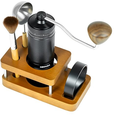 NEOUZA All-in-One Manuelle Kaffeemühle Set, Aufbewahrungsständer aus Holz, 100 Einstellbare Klicks, 7 Punkte 420SS Grate + Silikonhülle, Pinsel, Löffel, Dosiertrichter für Espresso, Ausgießen, French