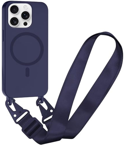 FMPCUON Magnétique Coque avec Cordon pour iPhone 14 Pro, [Compatible avec MagSafe] TPU Bumper Silicone Etui Housse avec Cordon Réglable Lanyard Case,Bleu