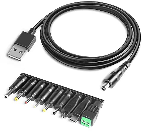 HKY Cavo di Alimentazione da USB a CC per Mini Altoparlanti, Hub USB, Ventilatore USB, Lampada LED, Musicman, Razor, Router Cavo di Ricarica Universale DC 1,8 Metri con 9 Adattatori Connettori Cavo