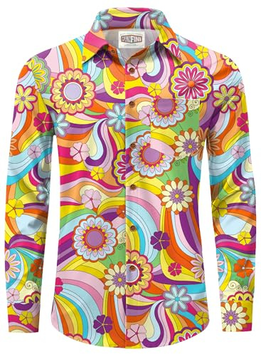 Mainfini Men's 70s Hippie Floral Dress Shirt Paisley Printed Button Shirts | 70s Outfits for Men,Allover Print,Smooth Drape,4-Way Stretch,Wrinkle-Free,Daily Wear,Retro,Theme Party,Halloween,Disco Night