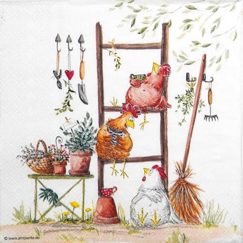20 Servietten Frühling Hühner auf Leiter als Tischdeko. Papierservietten mit Motiv. Auch für Decoupage und Serviettentechnik 33x33cm