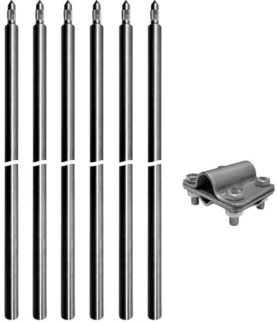 Erdax Tiefenerder V4A Set 6x 1,5m - Erdungsstangen 20mm Durchmesser aus Edelstahl + Kreuzerder Klemme - Erdungsstab für Erdungskabel PV Anlage Staberder Erdungsspiess 1,5m Erdung Komplettset