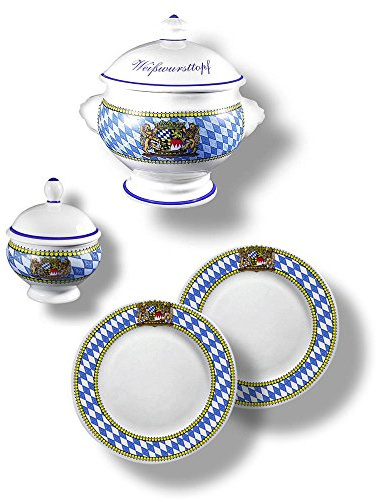 4-teiliges Bayerisches Weißwurst-Set mit Rautenrand bestehend aus Weißwurst-Terrine BZW. Weißwurst-Topf 1l, Senf-Topf und 2 Weißwurst-Tellern