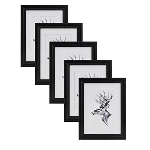 WOLTU Bilderrahmen 13x18cm 5er Set Fotorahmen Holzrahmen mit Passepartout, zum vertikalen oder horizontalen Aufhängen/Aufstellen, Posterrahmen Collage Wanddeko, Schwarz