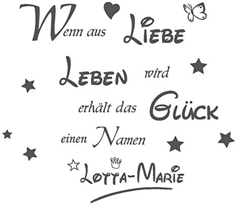 timalo® Wandtattoo „Wenn aus Liebe Leben wird erhält das Glück einen Namen“ mit Namen Ihres Kindes | 68028-a1-silber-120x100