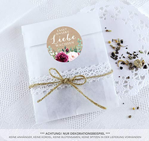 Blütensamen Tüten Set 24 Sticker LASST UNSERE LIEBE WACHSEN BOHO KRAFTPAPIER LOOK ROSEN ZWEIGE ROT ROSA GRÜN Ø 4cm matt + 24 Flachbeutel weiß 130 x 95 + 16 mm Hochzeit Taufe Deko